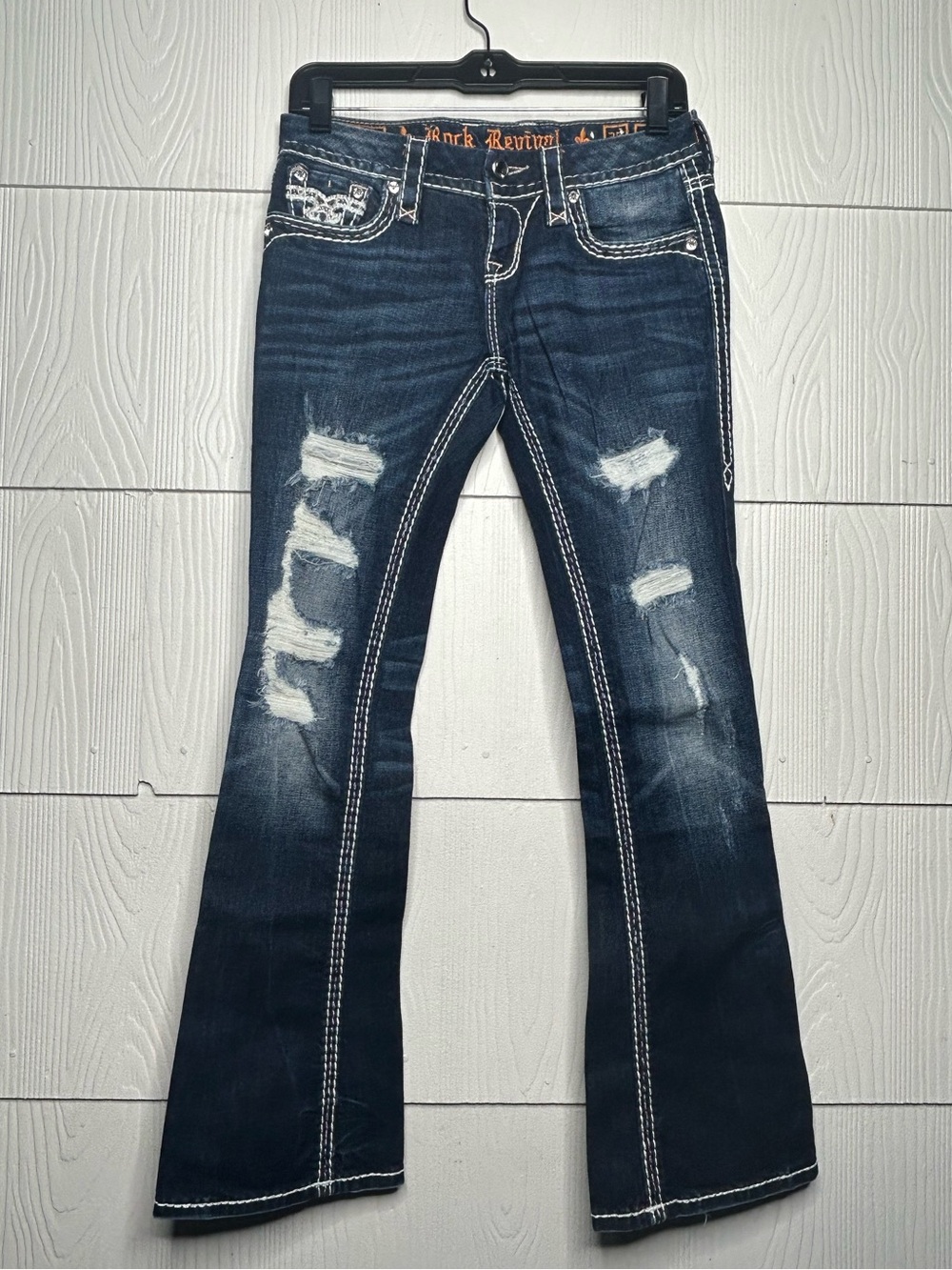 Rock Revival Indigo Distressed Bootcut Jeans with White Stitching